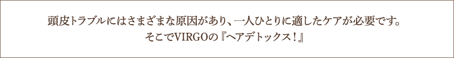 頭皮トラブルにはさまざまな原因があり、一人ひとりに適したケアが必要です。そこでVIRGOの『ヘアデトックス！』